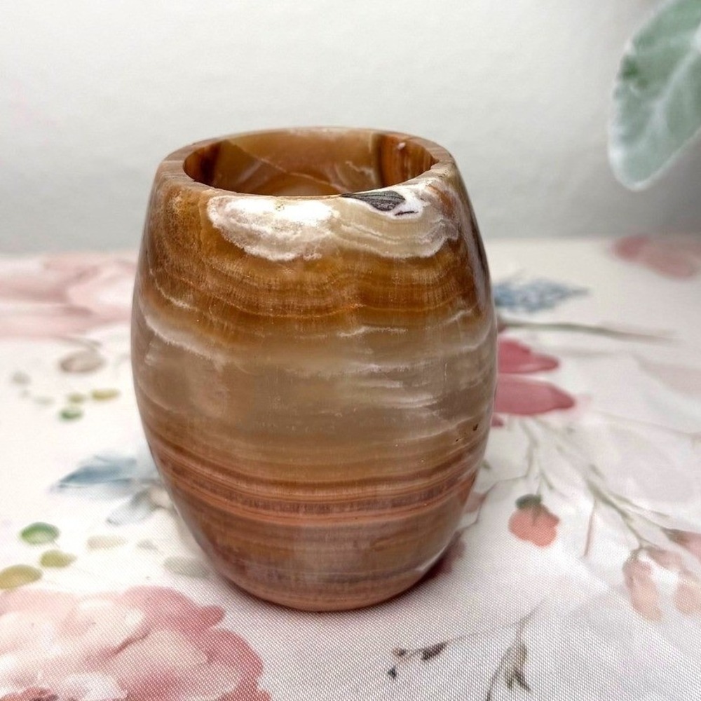 Vintage Banded Onyx Marble Toothpick Holder Mini Vase‎ Stone Carved Cup